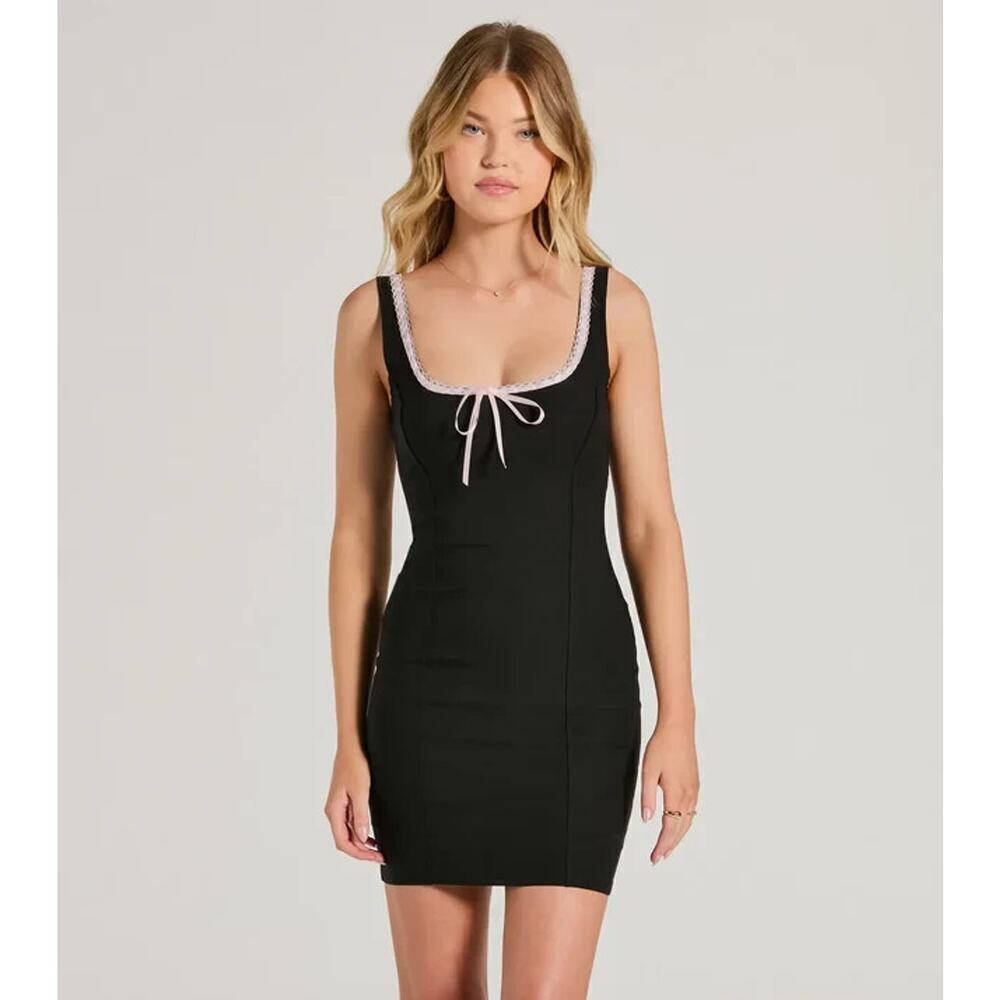 Y2K Coquette Black Bodycon Mini Dress with Pink Satin Ribbon Trim – Windsor Smal